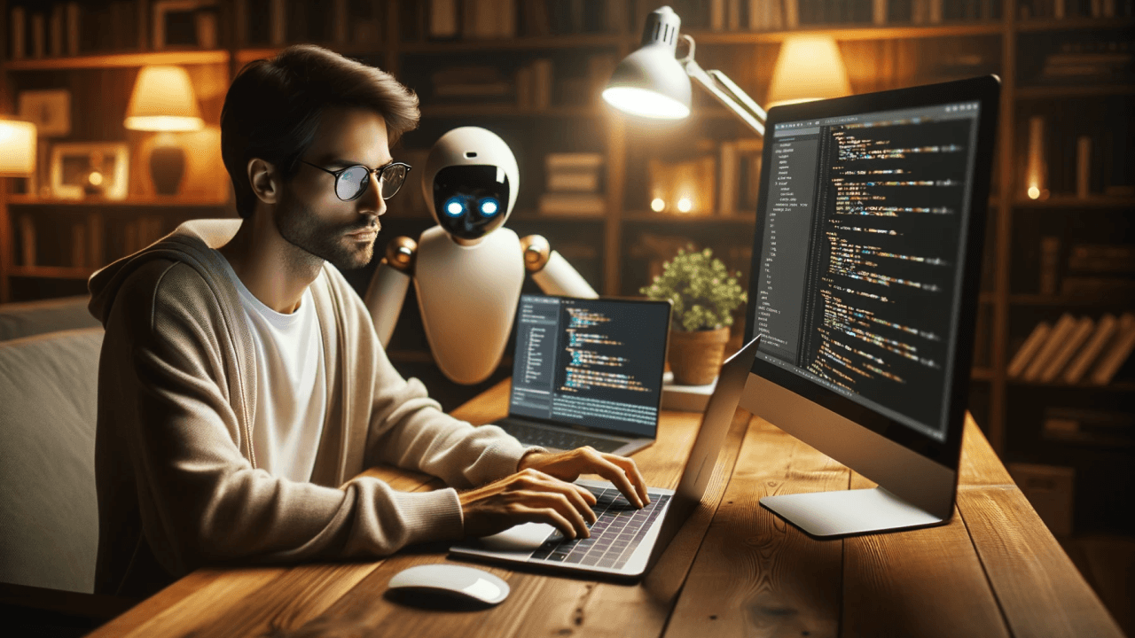 un codeur assisté par un droïde qui ressemble à Eve